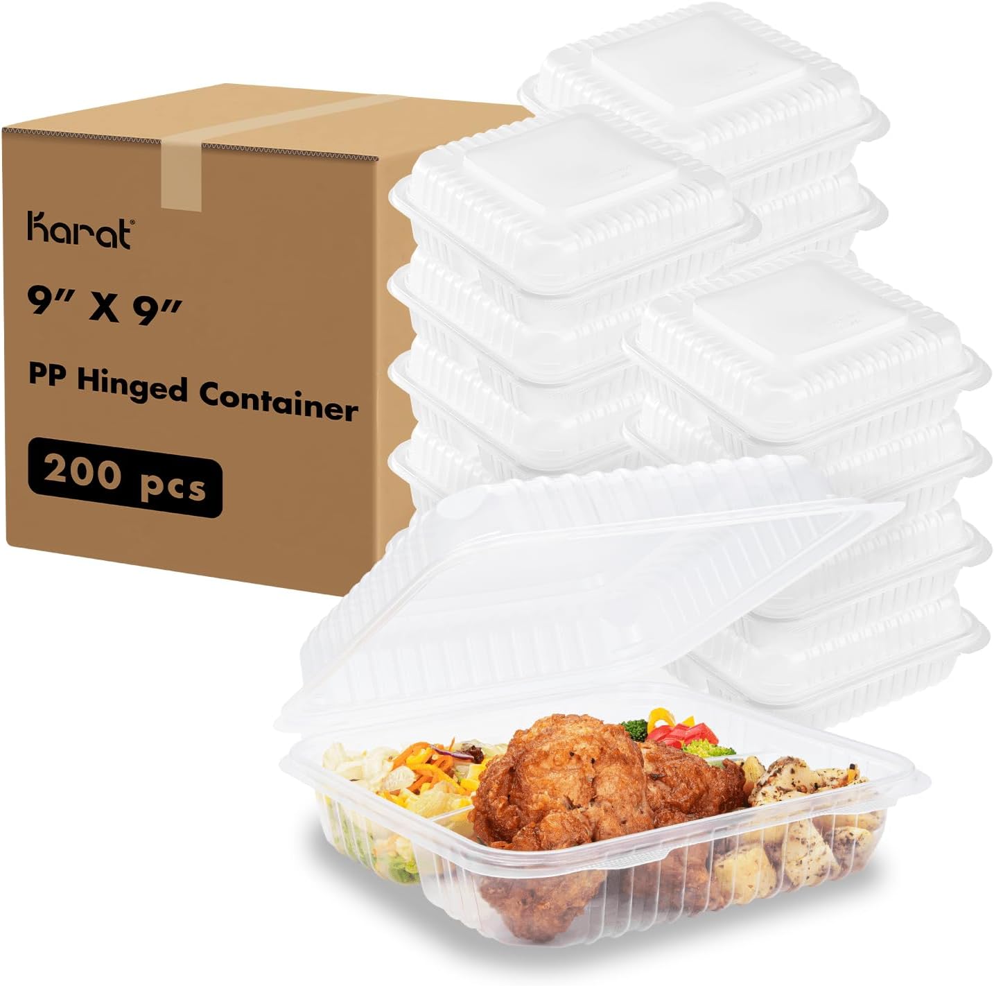 KARAT FP-HC99PP-3CU 9in x 9in PP Hinged Containers for Meal Prep