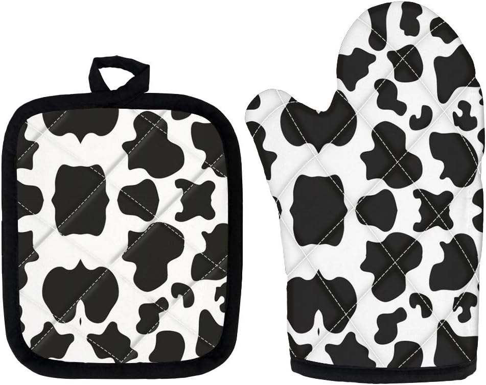 Double-Layer Heat Resistant Cow Print Oven Mitts