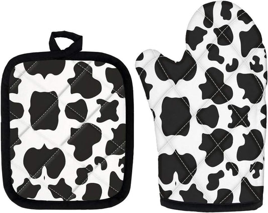 Double-Layer Heat Resistant Cow Print Oven Mitts