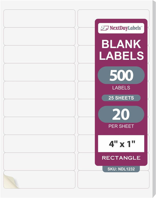 NextDayLabels 4x1 Rectangular Sticker Labels - 500 Labels for Quick Printing!