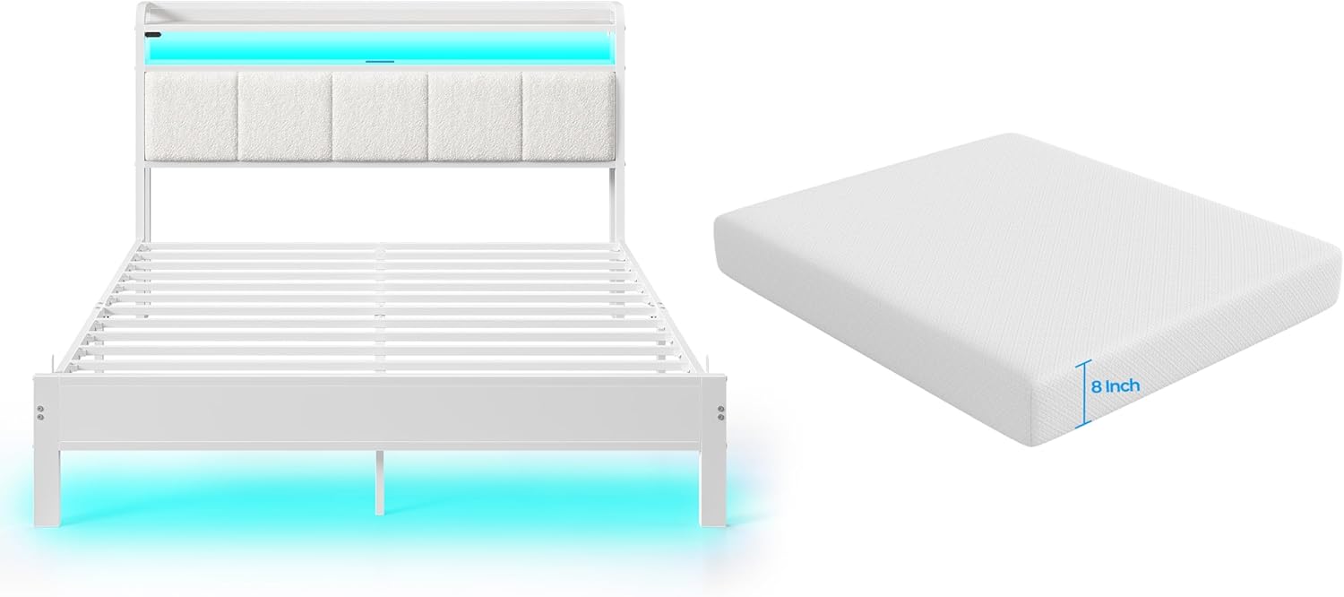 Rolanstar Queen Size Bed Frame with LED and Charging Station