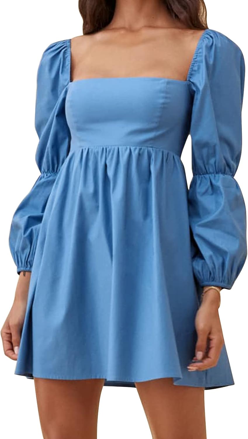EXLURA Womens Square Neck Dress with Puff Sleeves for All Occasions