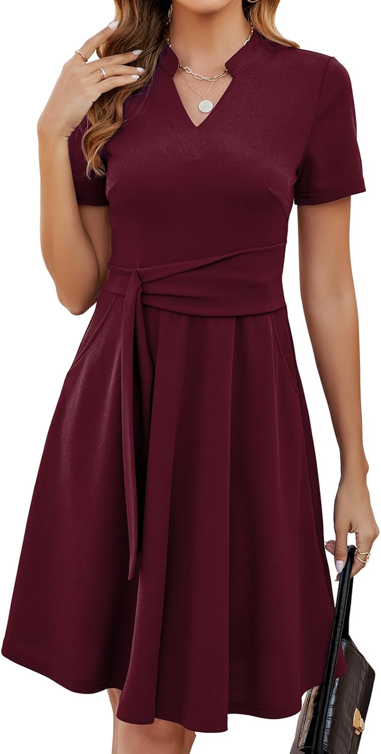 Mokayee Womens Summer Short Sleeve V Neck Fit and Flare Dress