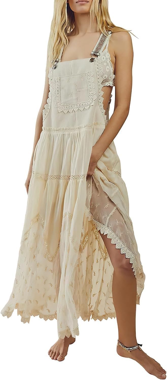 ebossy Women's Laced Embroidered Tulle Bib Dress for Summer Fun