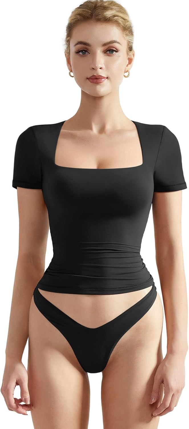 SUUKSESS Women Double Lined Fitted Basic Tee Square Neck Top