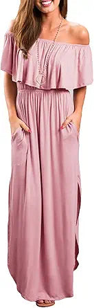 LILBETTER Womens Off The Shoulder Ruffle Maxi Dress Review
