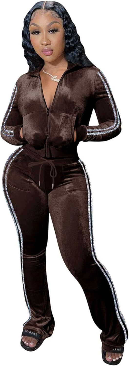 Womens Velour Tracksuit Set with Zip Up Crop Top and Pants