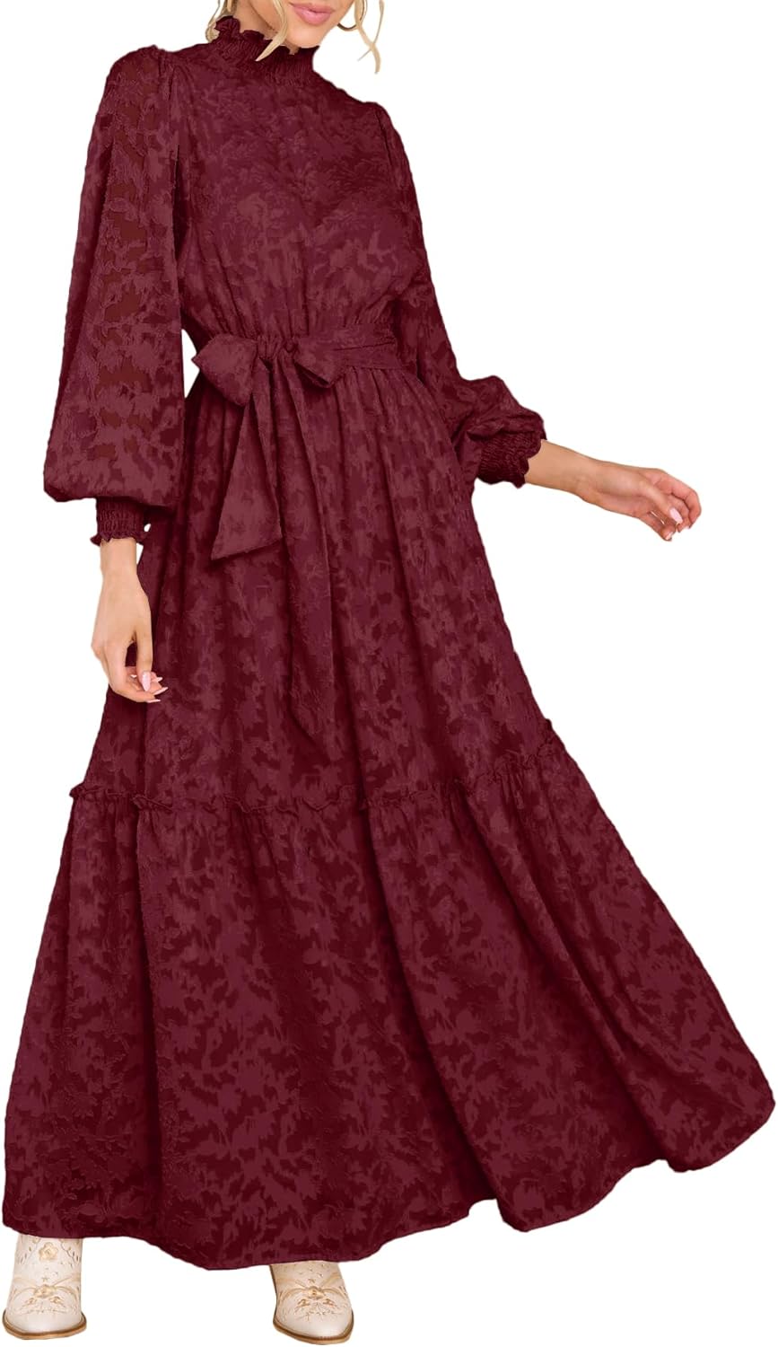 Elegant Floral High Neck Long Sleeve Maxi Dress for Women