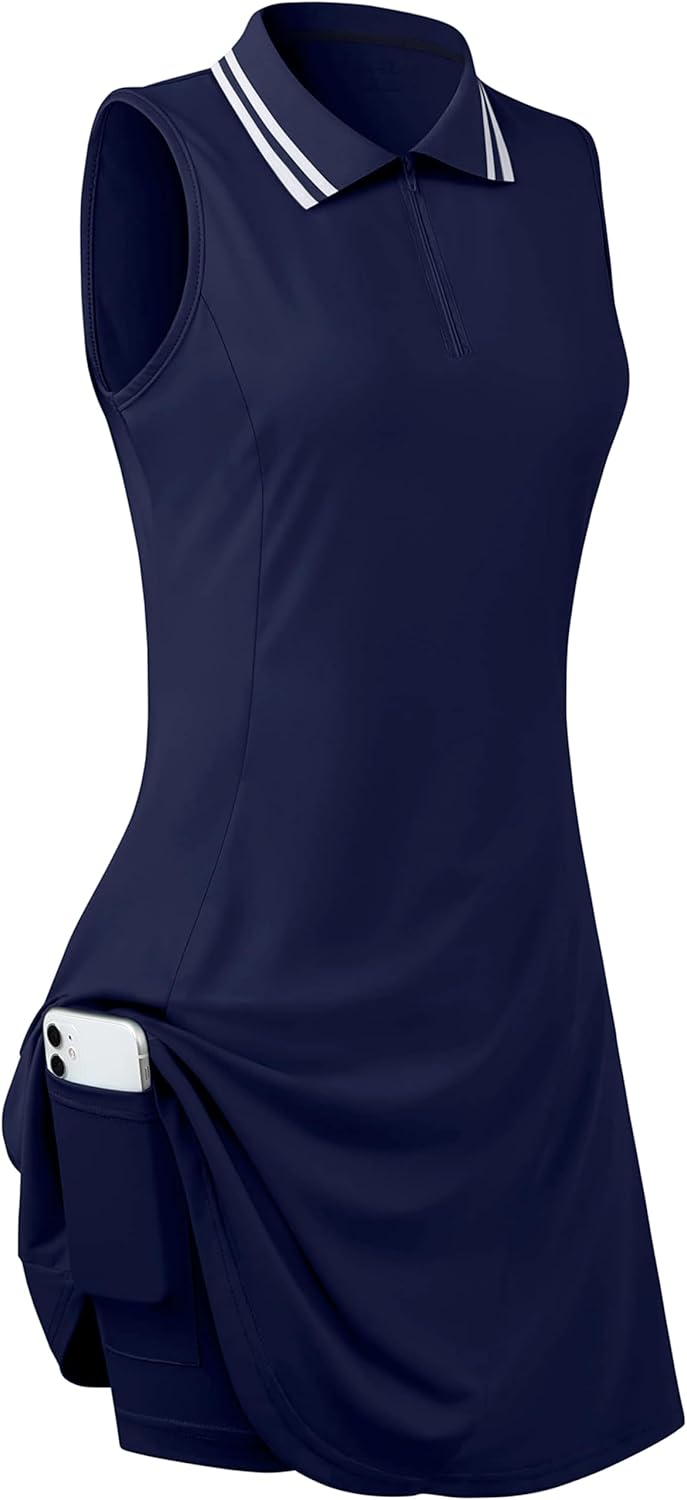 Womens Sleeveless Golf Tennis Dresses with Inner Shorts & Pockets