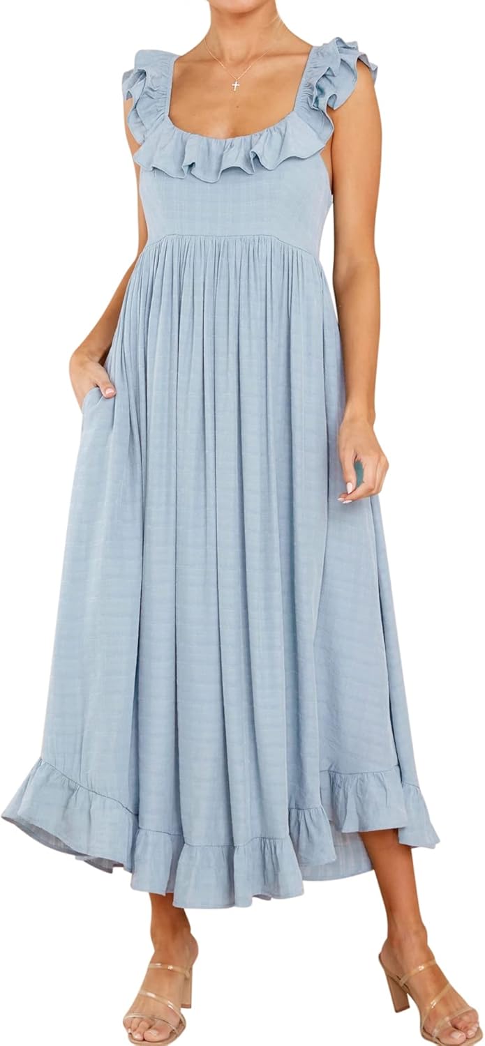 R.Vivimos Summer Dress for Women: Sleeveless Boho Ruffle Midi