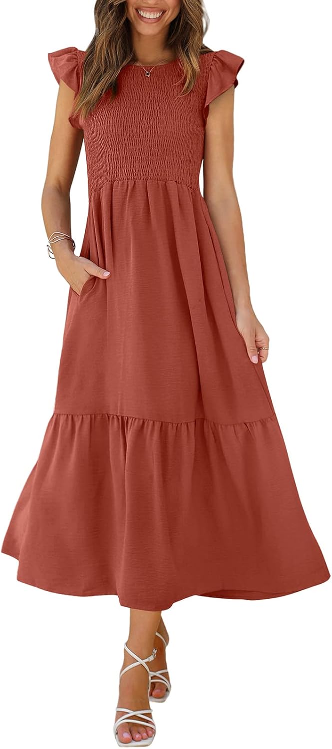 OFEEFAN Women's Casual Maxi Dresses with Pockets and Ruffles