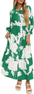 Wenrine Womens Maxi Shirt Dress Casual Floral Collared Drawstring skin