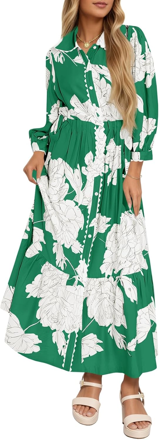 Womens Maxi Shirt Dress Casual Floral Collared 3/4 Long Sleeve