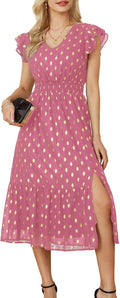 V Neck Ruffle Sleeve Tiered Midi Dress - Flowy Split Midi Dress