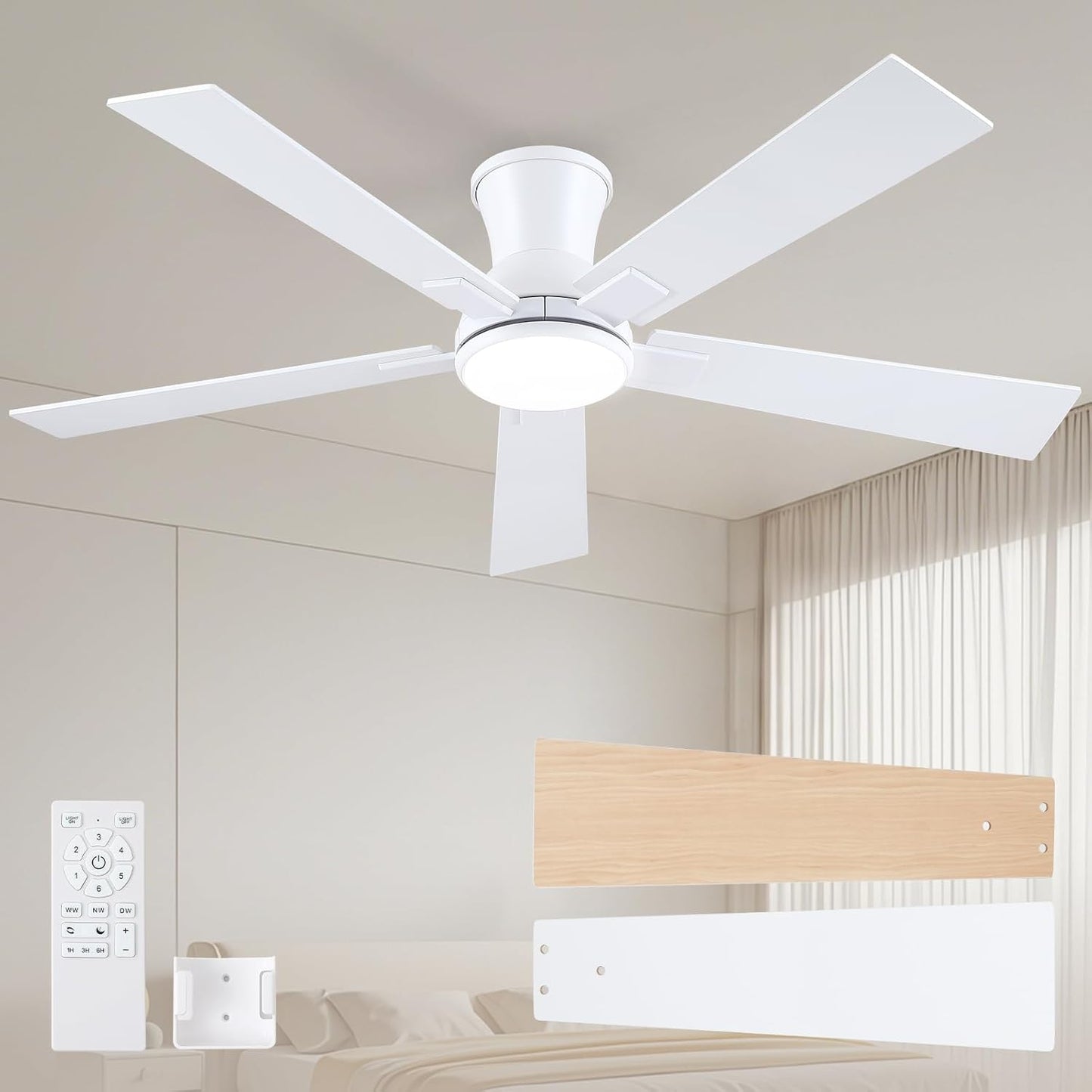 52 Inch White Flush Mount Ceiling Fan with Light and Remote