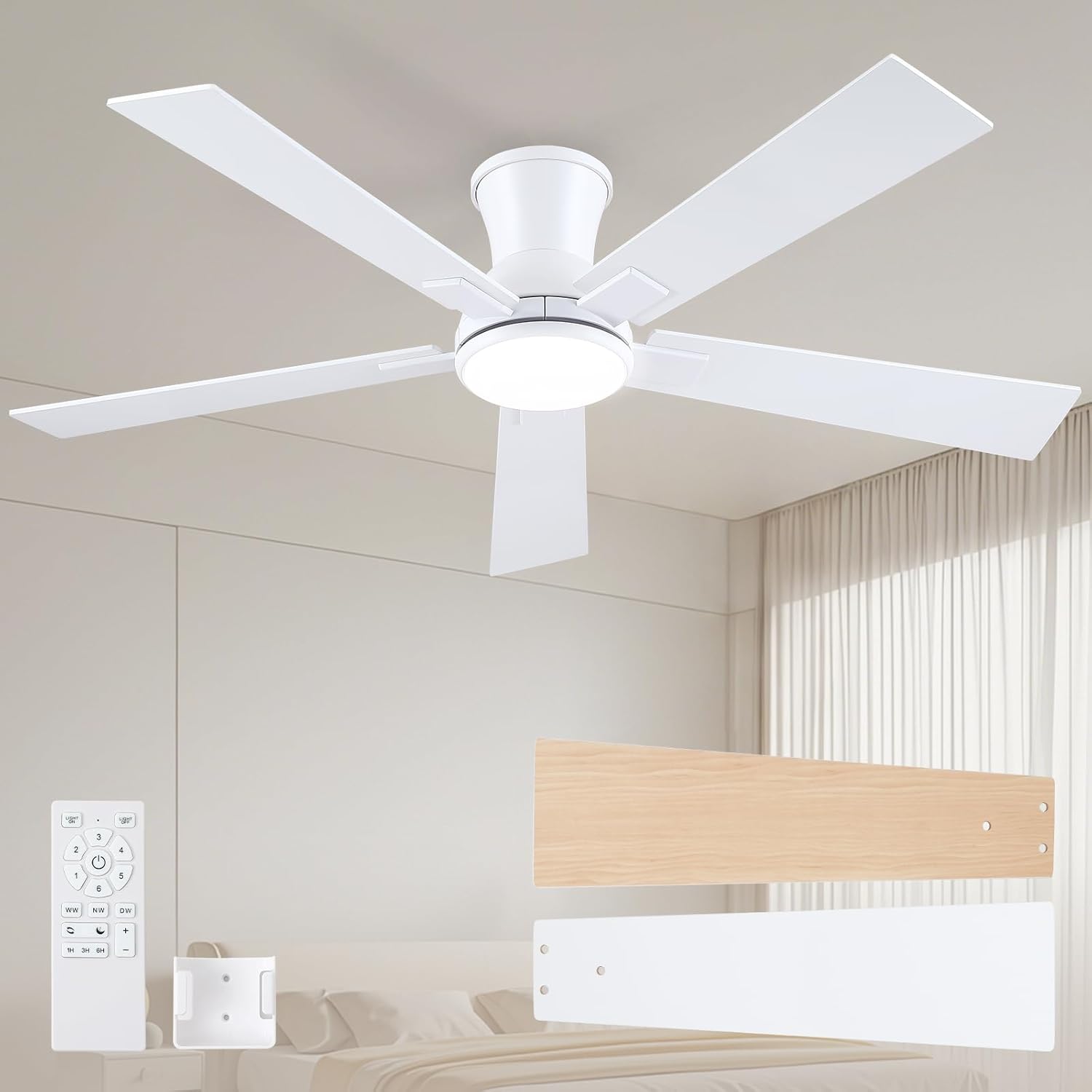 52 Inch White Flush Mount Ceiling Fan with Light and Remote
