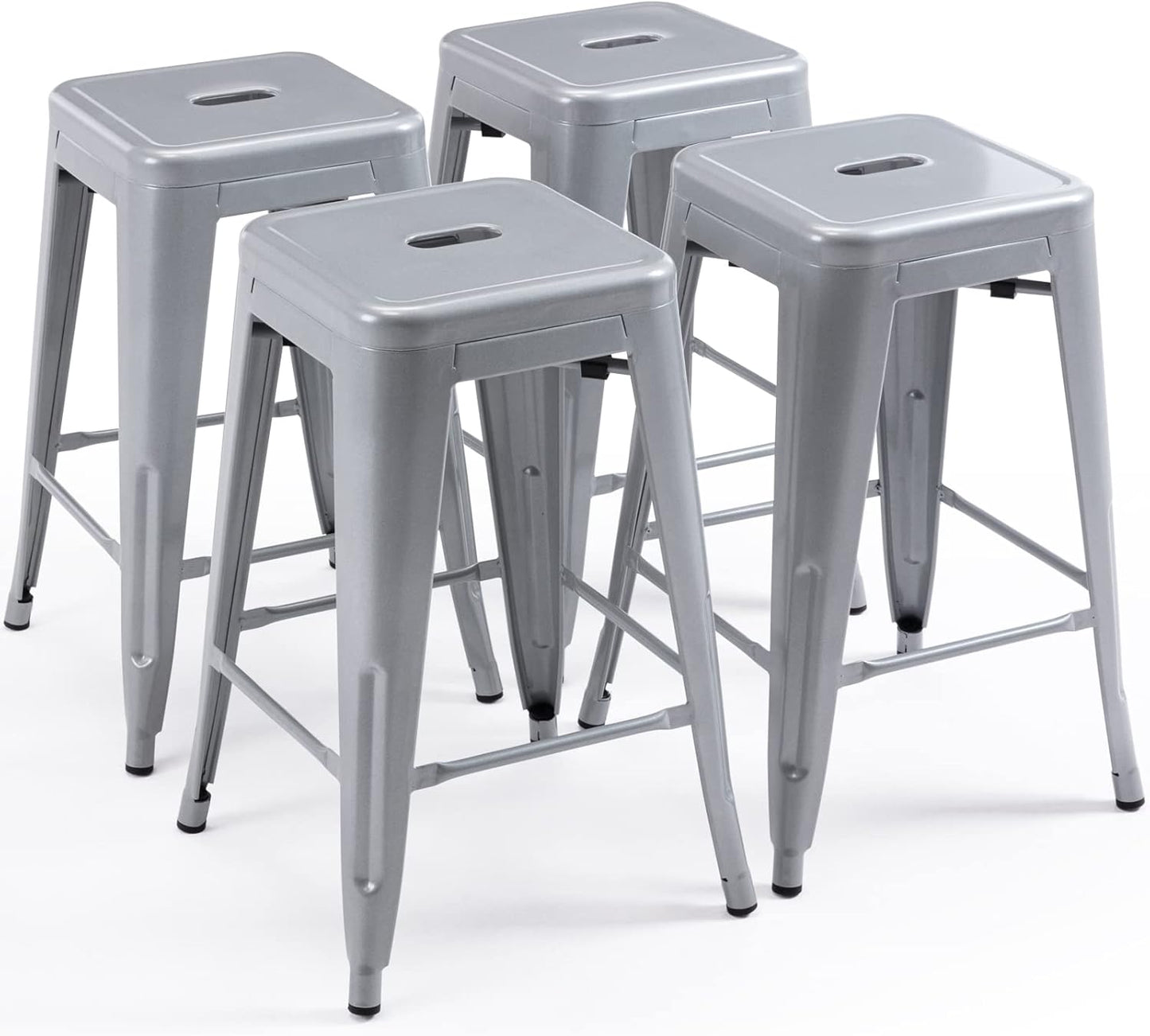 24 High Bar Stools Backless Silver Metal Set of 4 for Indoor-Outdoor