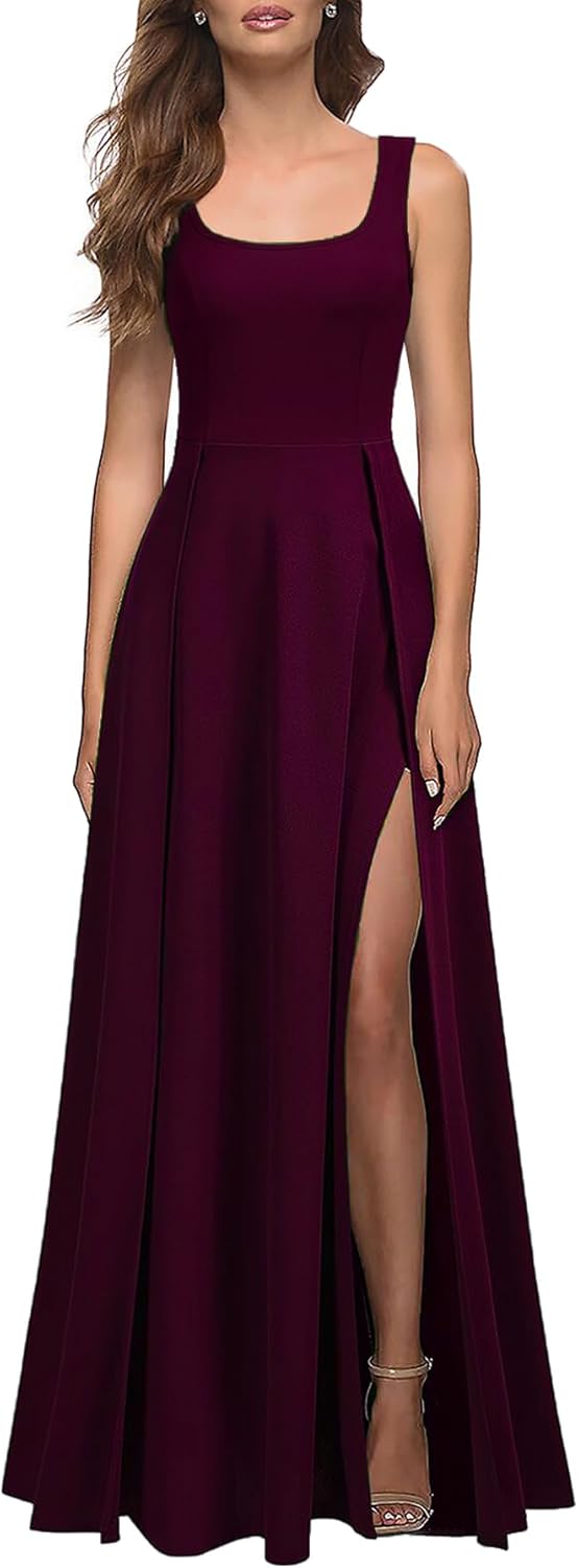 MUSHARE Women's Square Neck Sexy Split Cocktail Maxi Dress