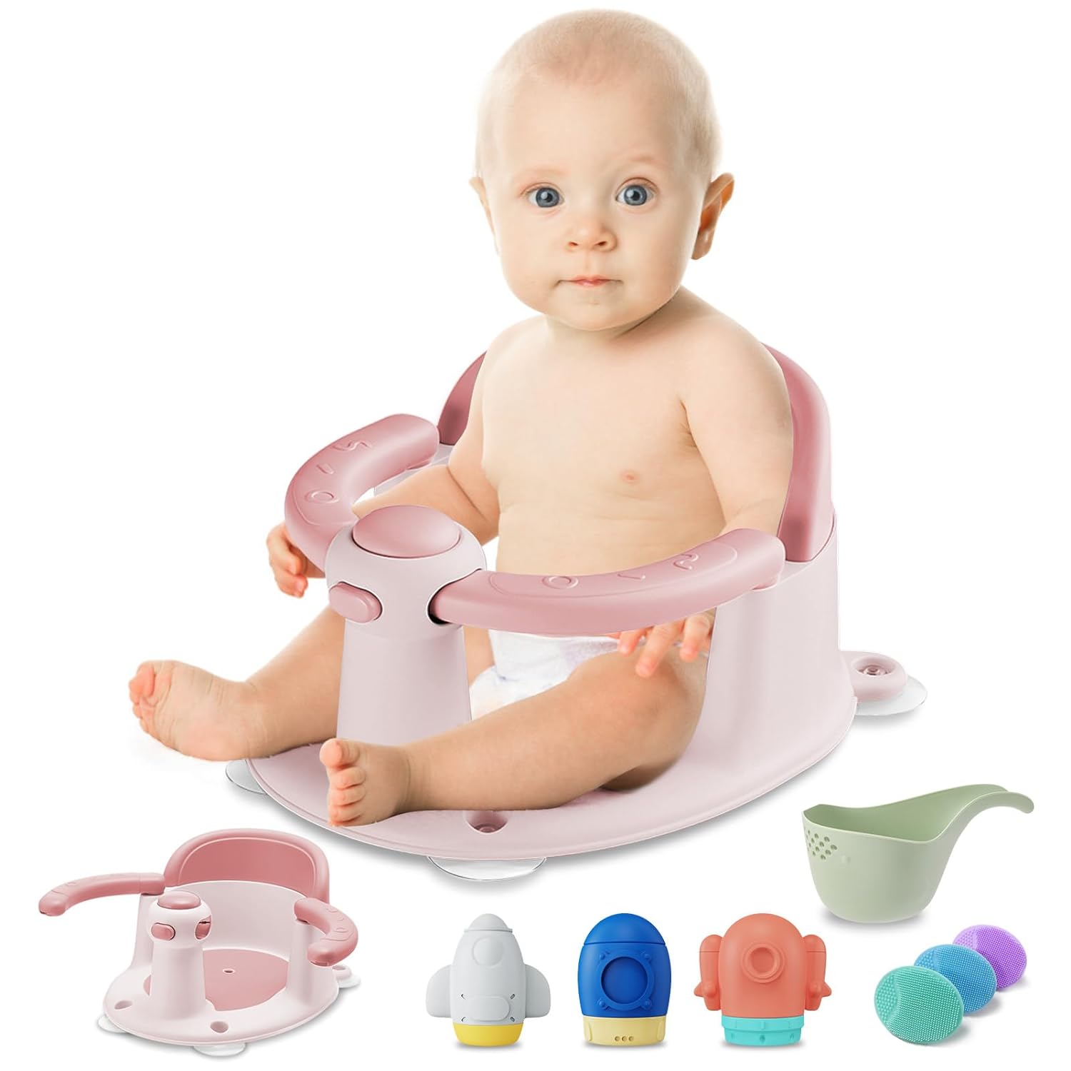 Baby Bath Seat Bundle with Toys & Brushes - Pink