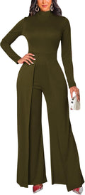 Women's Casual Long Sleeve Round Neck Jumpsuit - Slimming Wide Leg Fit