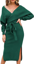 Viottiset V Neck Batwing Sleeve Wrap Midi Knit Sweater Dress - Elegant