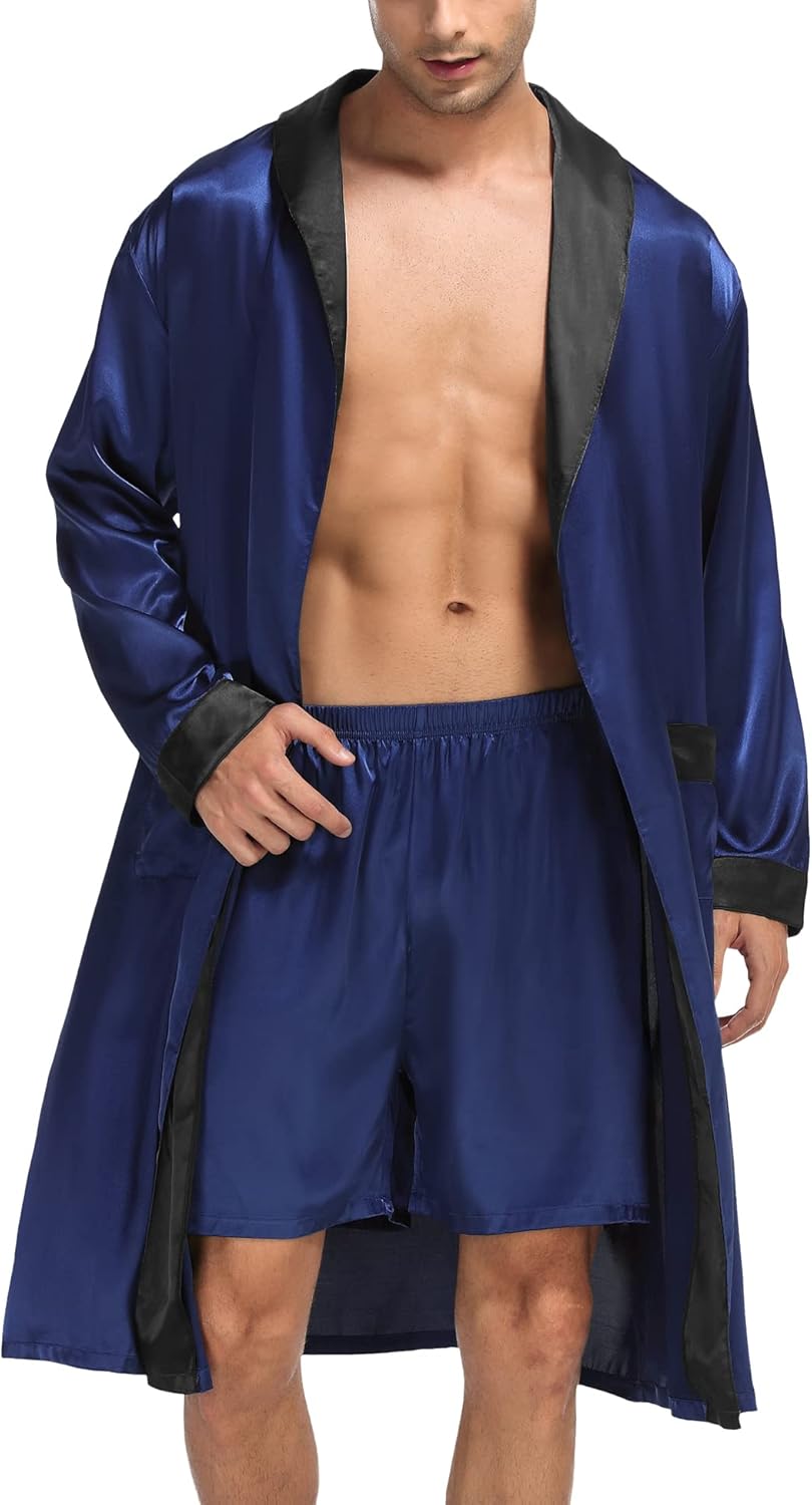 SWOMOG Men's Satin Robe and Shorts Set for Ultimate Comfort