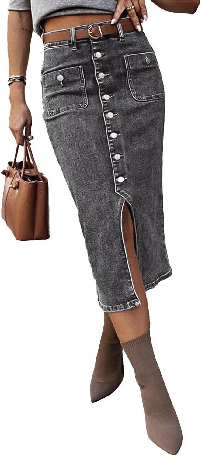 Flamingals Denim Skirt for Women High Waist Vintage Style