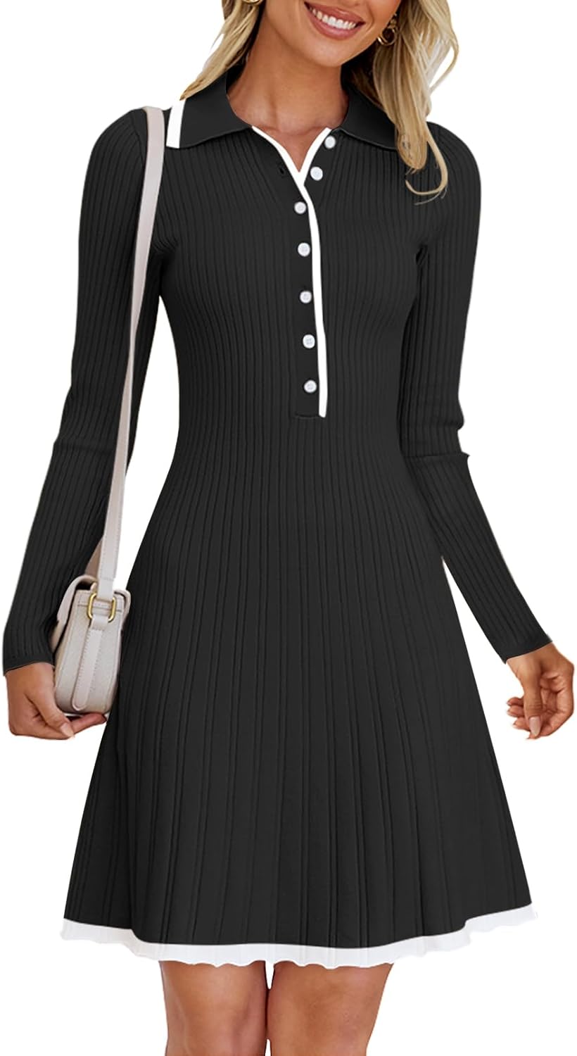 MEROKEETY Women's Long Sleeve V Neck Sweater Dress for Fall