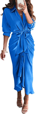 Maxi Dresses for Women Satin Shirt Dress with Tie Waist - Fall 2025