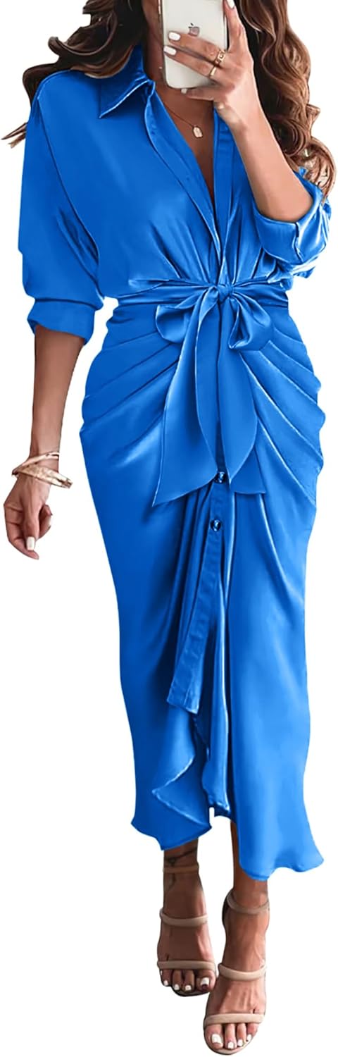 Elegant Satin Maxi Dress for Women - Long Sleeve Button Down