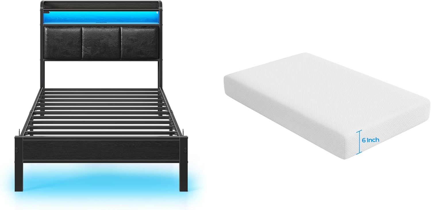 Rolanstar Twin Bed Frame with Charging Station and LED Lights