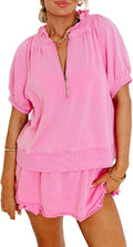 Women's 2 Piece Lounge Set Short Sleeve Half Zip Puff Sleeve Ruffled