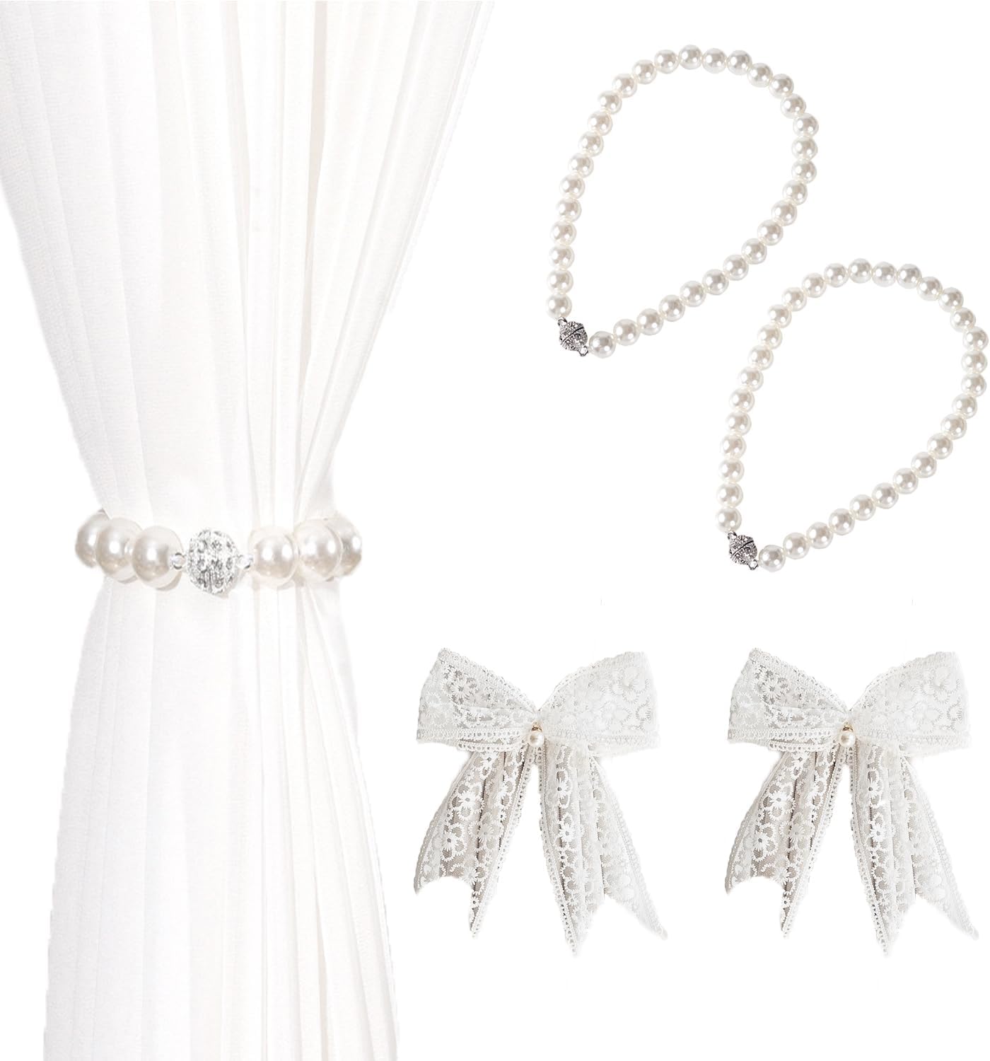 4 Pack Magnetic Pearl Curtain Tiebacks Set by UtySty