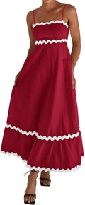 Women Summer Spaghetti Strap Midi Dress - Flowy A-Line Smocked Fit