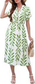 Women's Casual Long V-Neck Dress with Retro Leaf Print