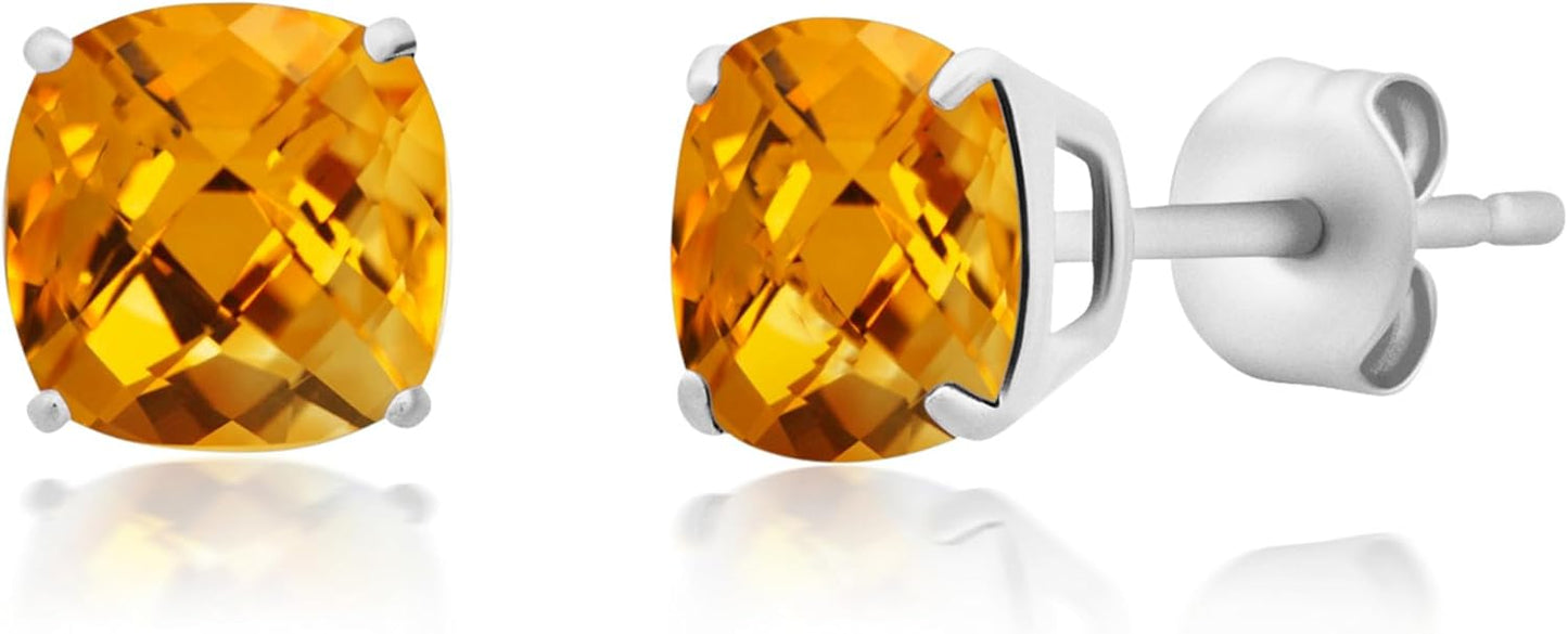 925 Sterling Silver Cushion Cut Citrine Stud Earrings for Women