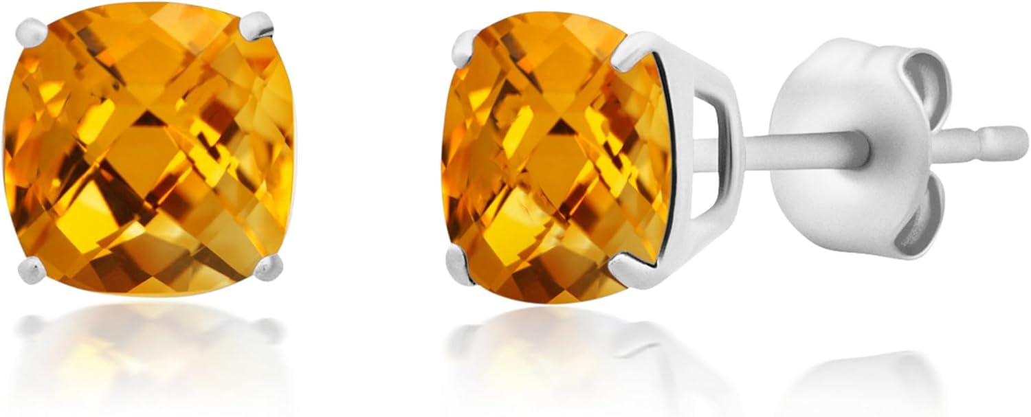 925 Sterling Silver Cushion Cut Citrine Stud Earrings for Women
