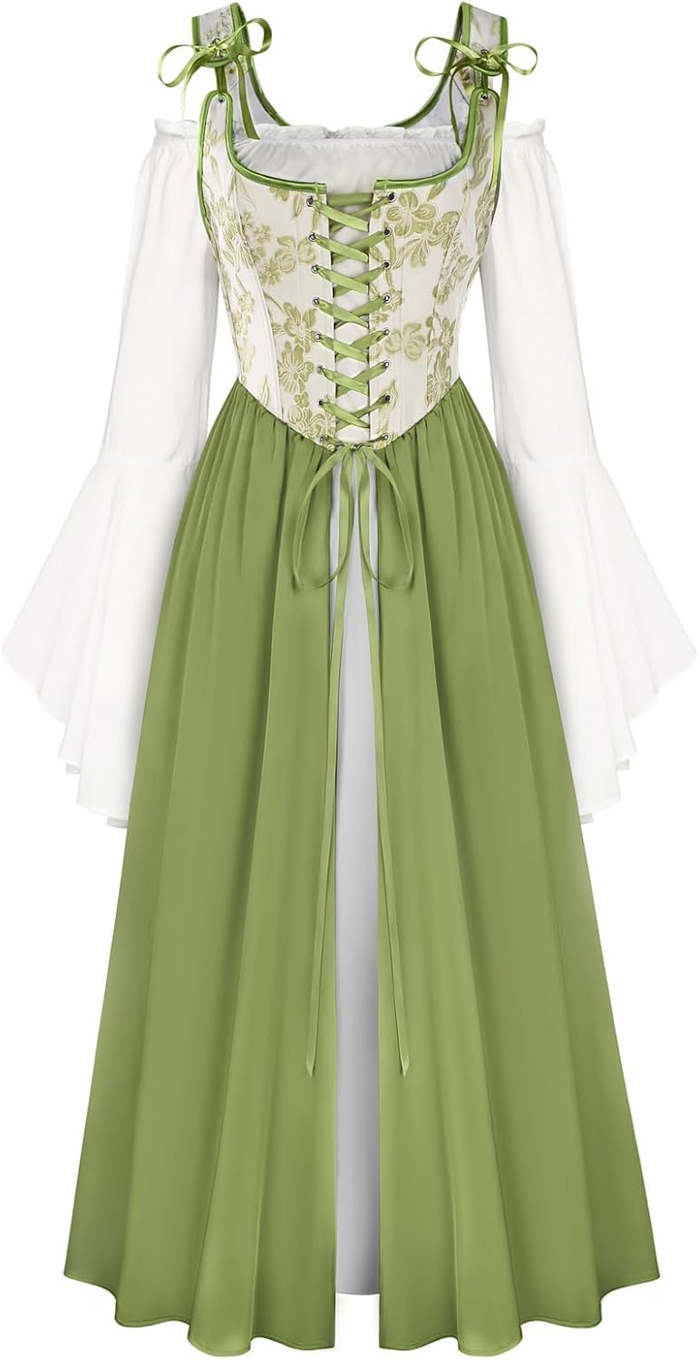Renaissance Costume Floral Lace Up Bell Sleeve Peasant Dress
