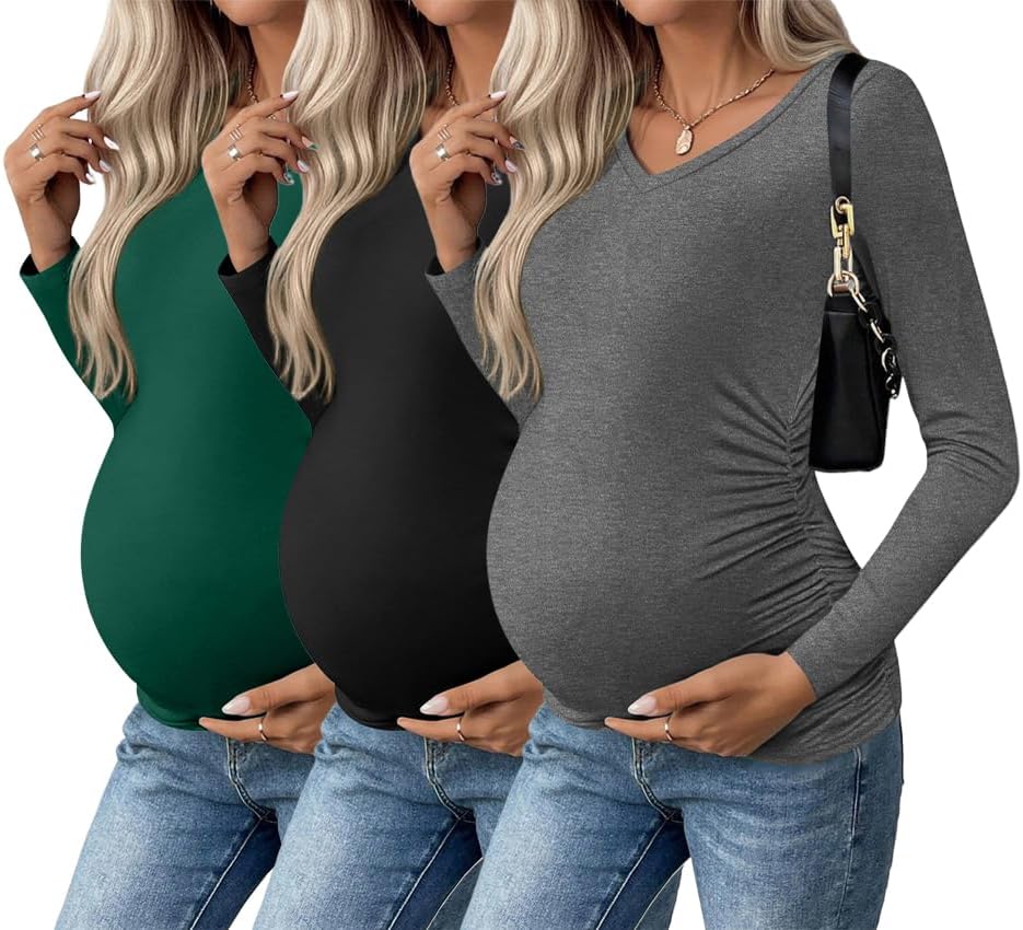 Ekouaer Womens Maternity Shirts Long Sleeve 3 Pack for Moms