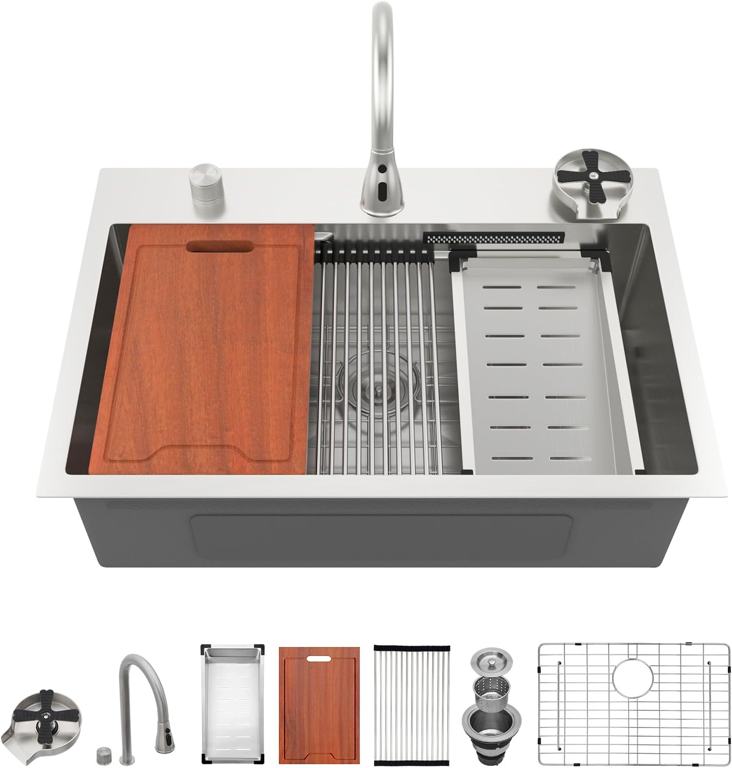 Multifunctional 33 Watefall Kitchen Sink with Built-in Accessories