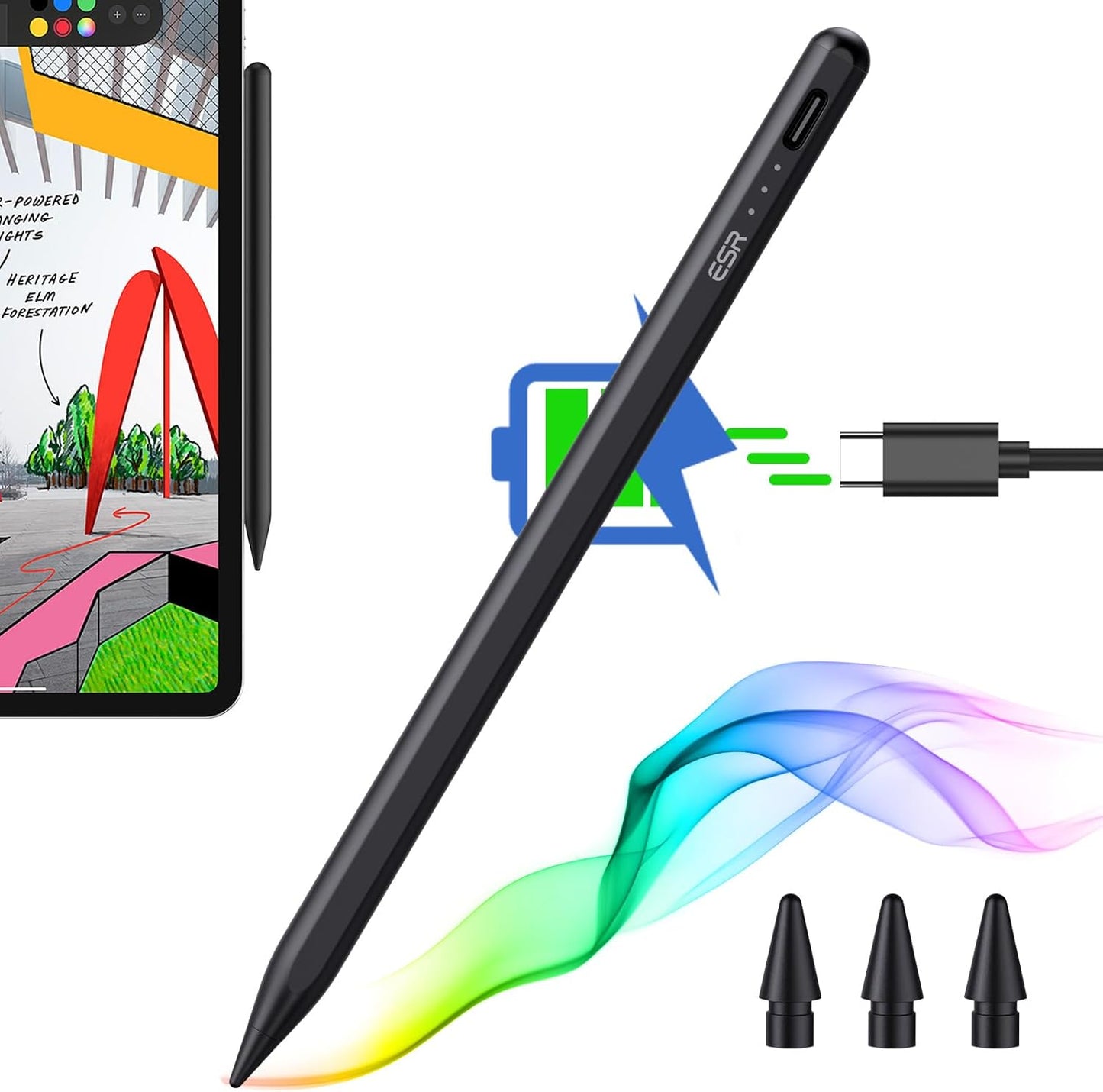 ESR iPad Stylus: Tilt & Palm Rejection, Compatible with Pro/Air/Mini, Black