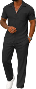 Mens Summer 2 Piece Striped Set - Button Short Sleeve Shirt & Pants