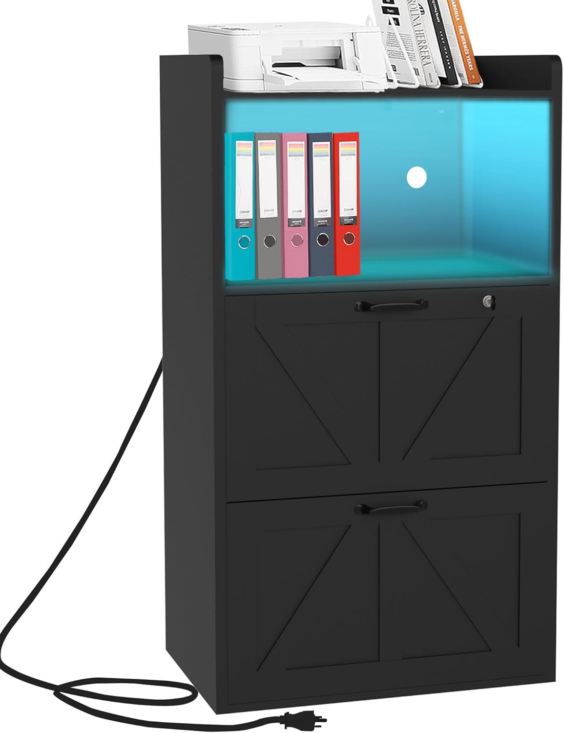 Black Wood File Cabinet with Charging & Lock