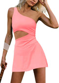Womens One Shoulder Tennis Dress with Built-In Bra and Shorts - Cutout