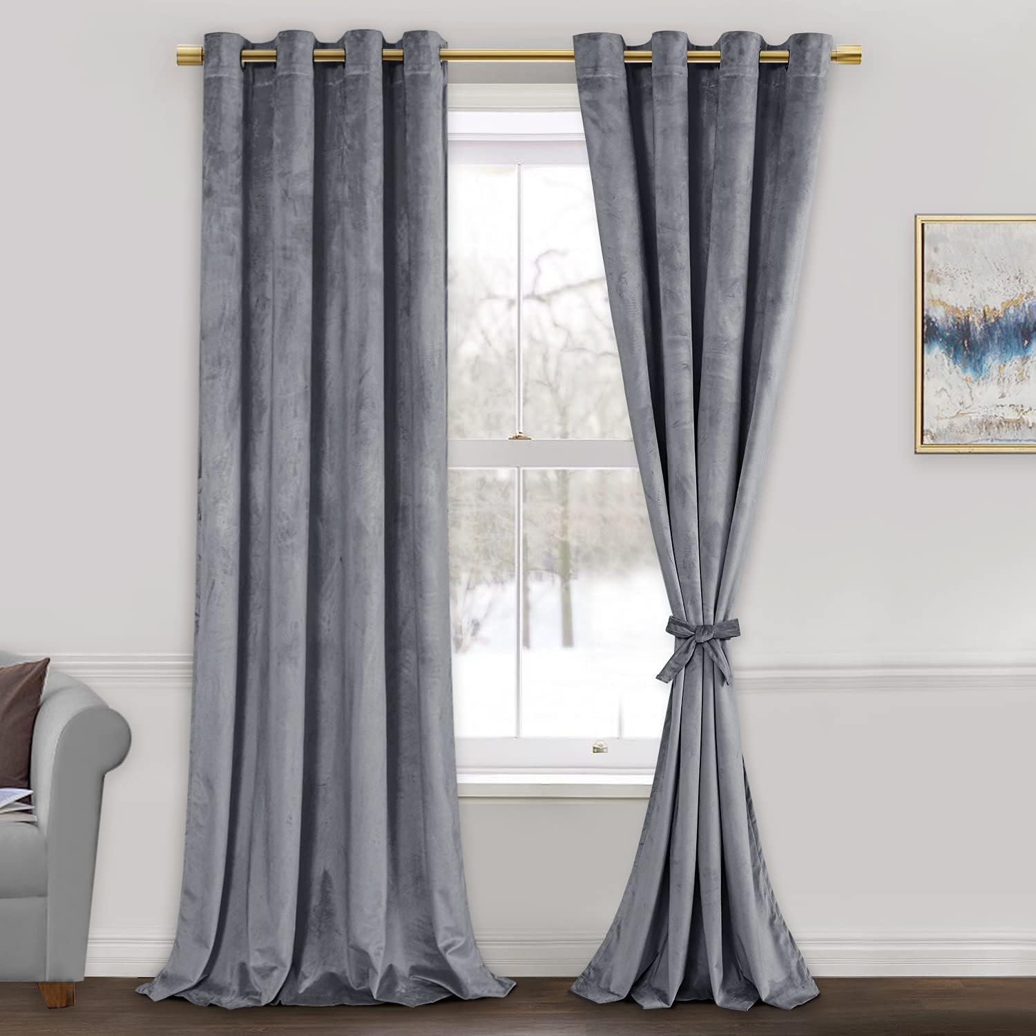 JUIZHEN Grey Velvet Curtains - Room Darkening Luxury 96 Pair