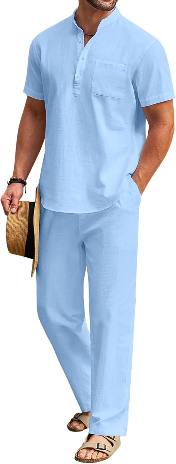 Men's 2 Piece Cotton Linen Set for Casual Summer Outfits