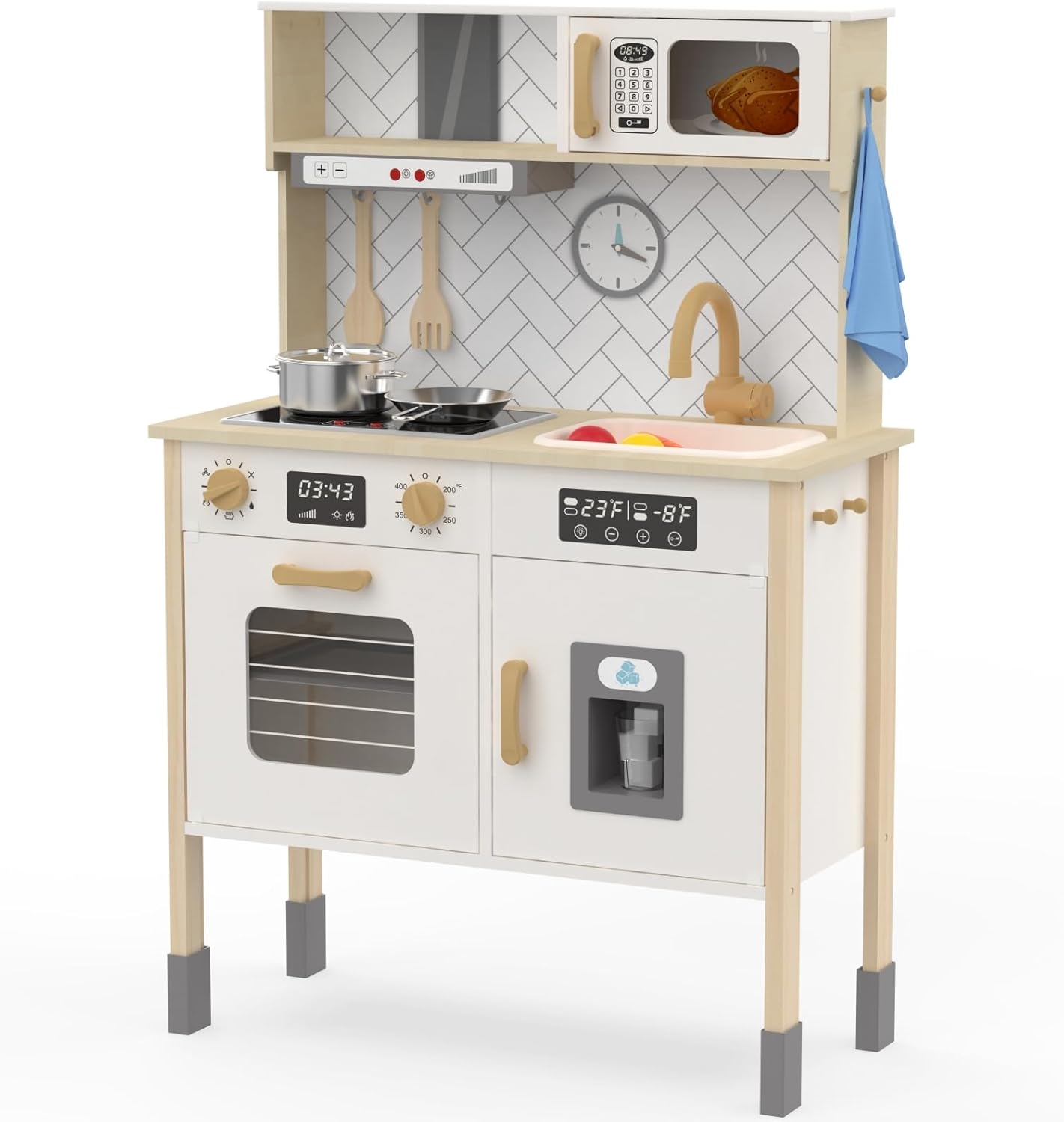 FReniland Wooden Play Kitchen Set - Realistic Features, 18 Accessories