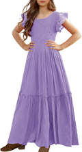 Girls Lace Flower Ruffle Sleeve A-Line Maxi Dress - Soft (Style V7CM)
