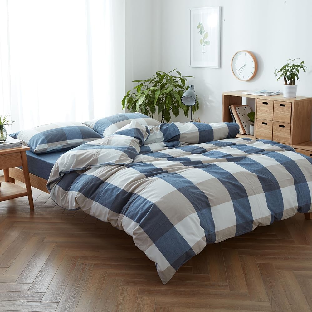 FACE TWO FACE King Size Duvet Cover Set in Blue and White Grid
