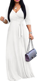 Women's Solid Color Bohemian Maxi Dress - V-Neck 3/4 Sleeve
